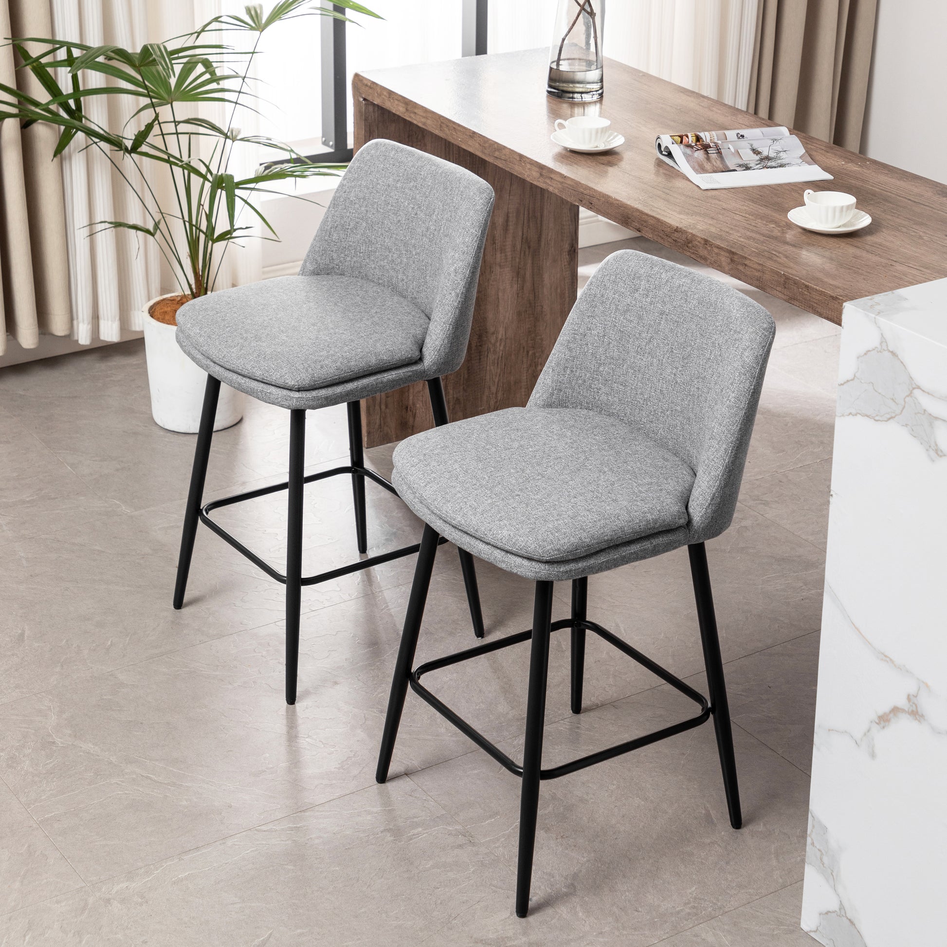 Counter Height Swivel Bar Stools Set Of 2, 360 Swivel Upholstered Barstools With Back And Metal Legs, 25.6" Seat Height,Counter Stools For Kitchen Island And Pub,Linen Cloth,Grey Light Grey Set Of 2 Linen