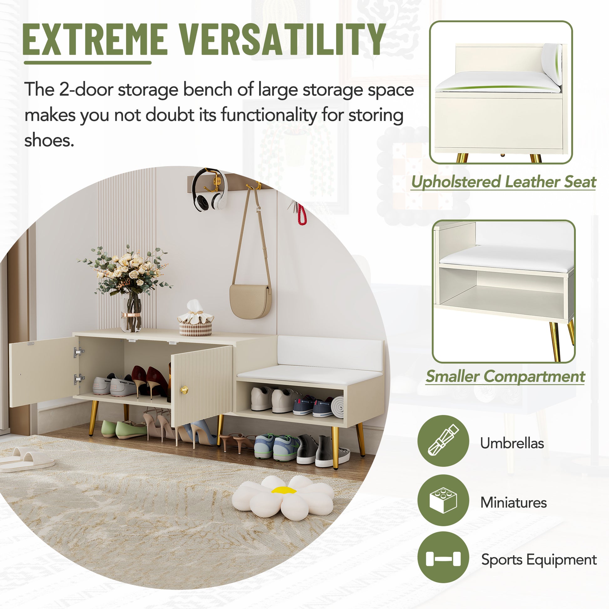 Modern Shoe Storage Bench With Hidden Storage And Upholstered Cushions For Bedside, Living Room And Entryway Antique White Antique White Mdf Metal