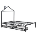 Full Size Metal Platform Bed With Two Drawers,House Shaped Headboard Design, Black Full Black Metal