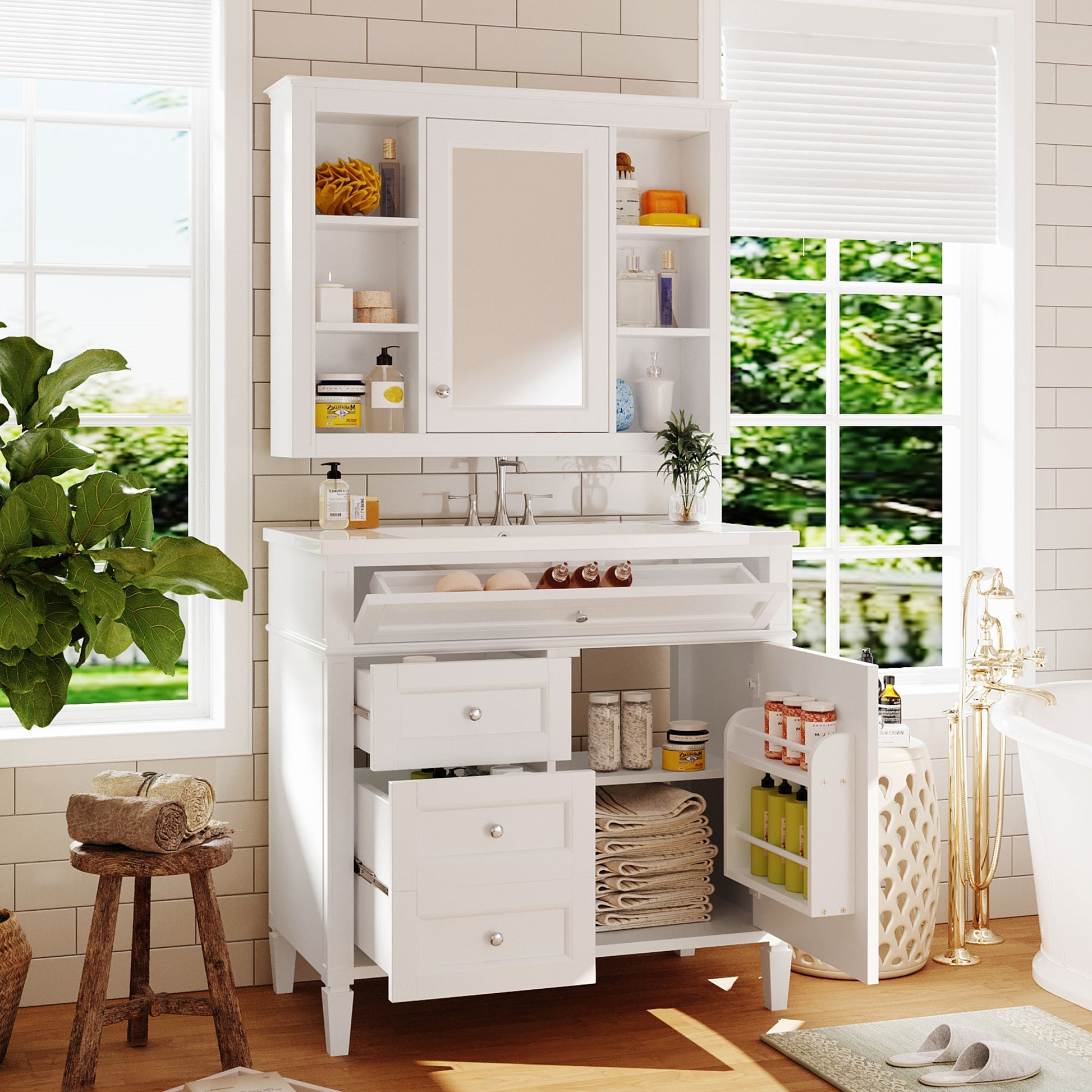 36'' Bathroom Vanity With Medicine Cabinet, Royal Blue Mirror Cabinet, Modern Bathroom Storage Cabinet With 2 Soft Closing Doors And 4 Drawers, Single Sink Bathroom Vanity 4 White 2 5 Bathroom Wall