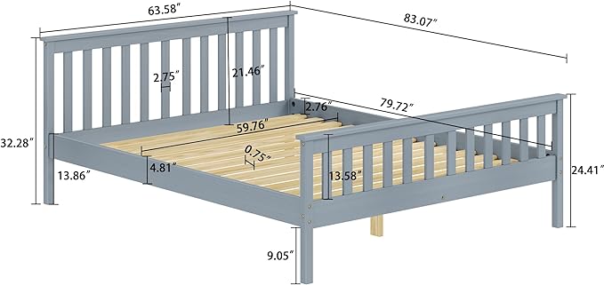 Queen Bed Frames With Headboard, Solid Wooden Platform Bed With Corner, Modern Low Profile Bed Frame, No Box Spring Needed, Grey Queen Grey Wood