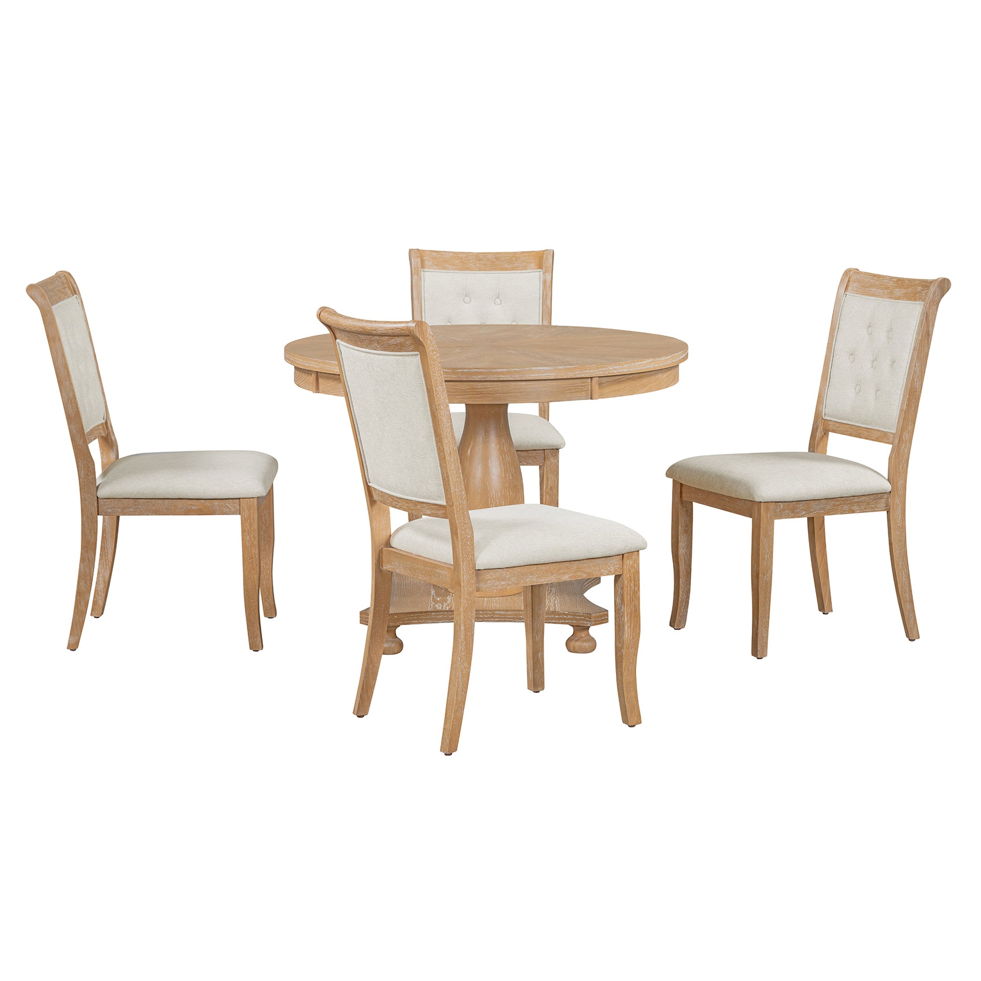 5 Piece Retro Dining Set, Round Table With Pedestal Table Base And 4 Upholstered Chairs For Dining Room And Kitchen Natural Wood Wash Natural Wood Wash Solid Wood Mdf