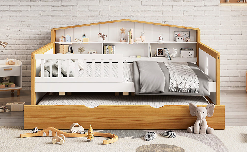 Full Size House Shape Daybed With Trundle And Bookcase Headboard Wooden Bed For Girls Boys Teens, No Box Spring Needed, Walnut And White Box Spring Not Required Full White Walnut Wood Bedroom Cute Pine Bed Frame Wood