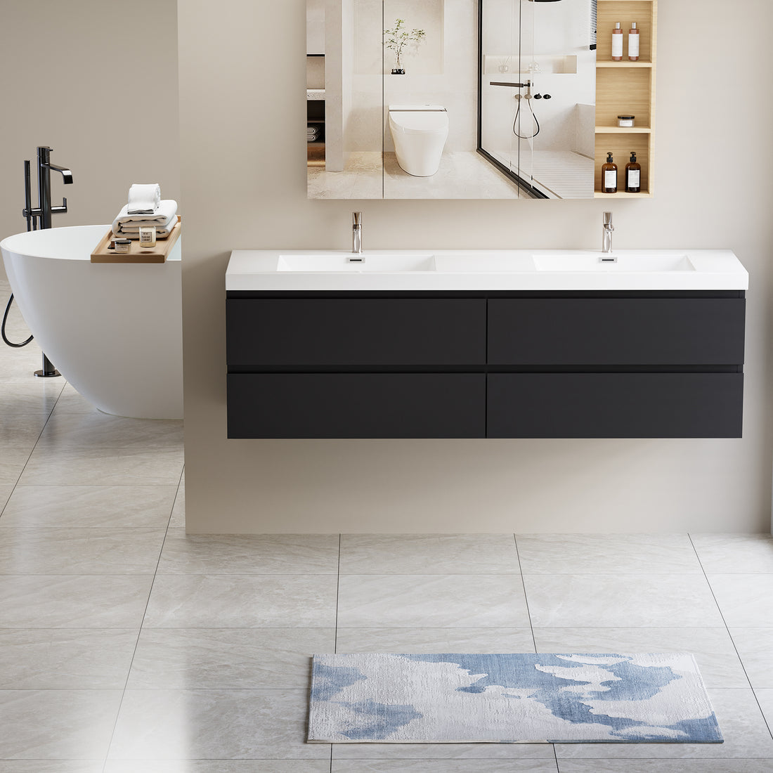 72" Floating Bathroom Vanity With Sink, Modern Wall Mounted Bathroom Storage Vanity Cabinet With 2 Resin Top Basin And 4 Soft Close Drawers, Glossy Black 24V11 72Gb 4 Black Bathroom Wall Mounted