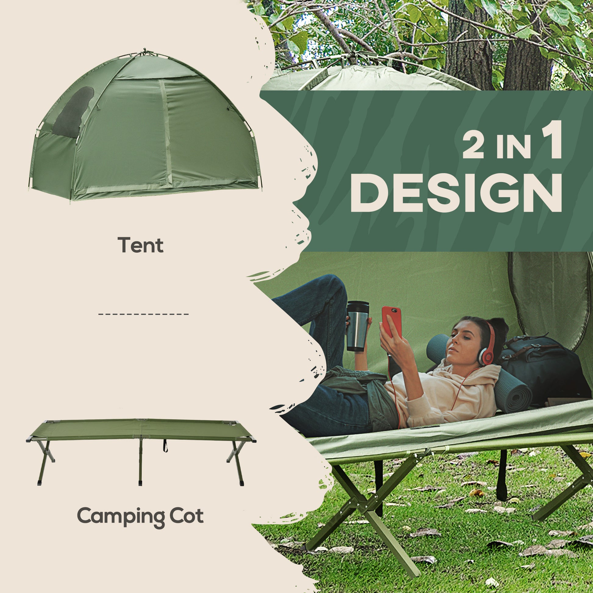 Outsunny Camping Tent Cot, Single Person Folding Cot Combo, Off Ground Tent, Covered Outdoor Bed With Carry Bag For Hiking, Camping Green Polyester