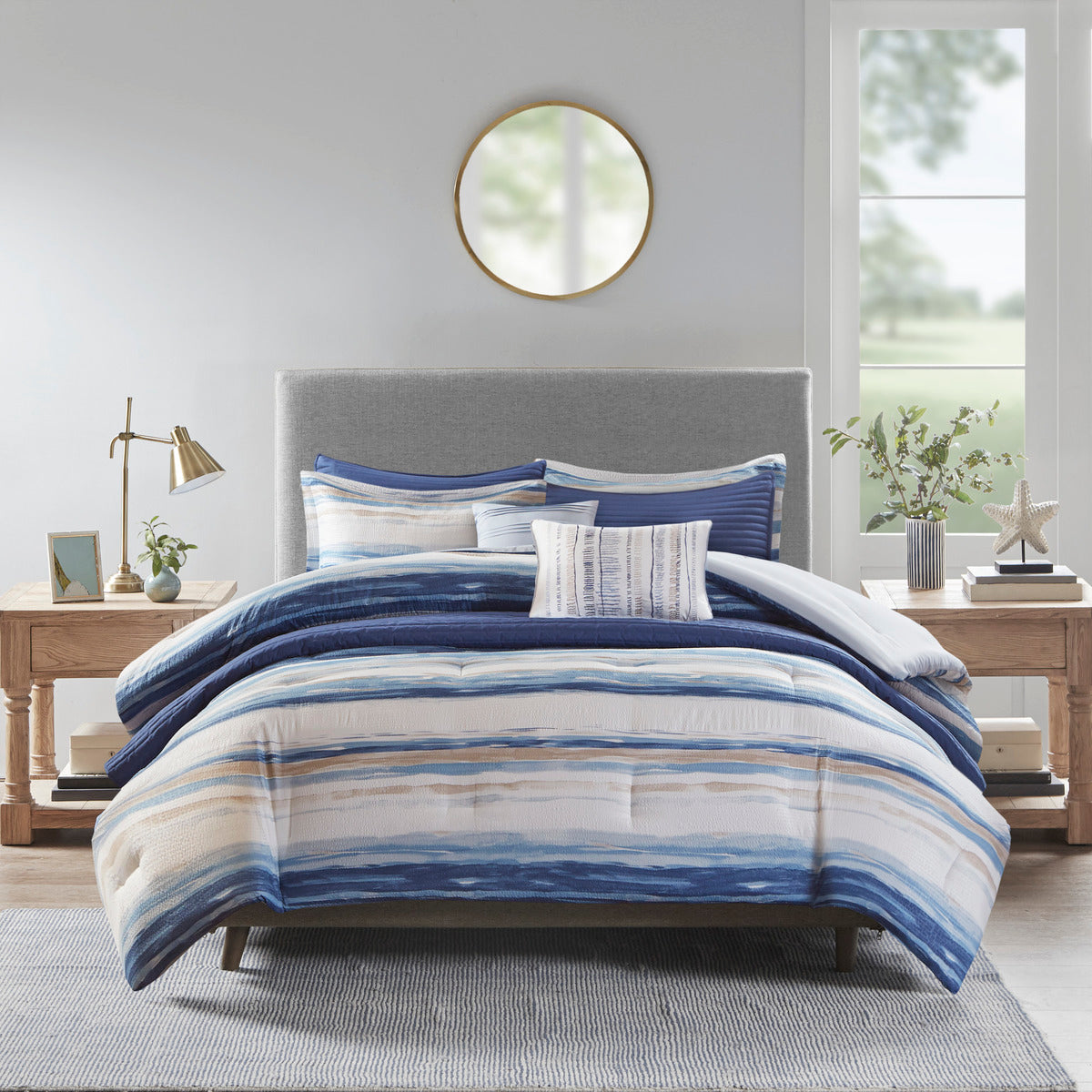 8 Piece Printed Seersucker Comforter And Quilt Set Collection Blue Full Queen Full Blue Polyester