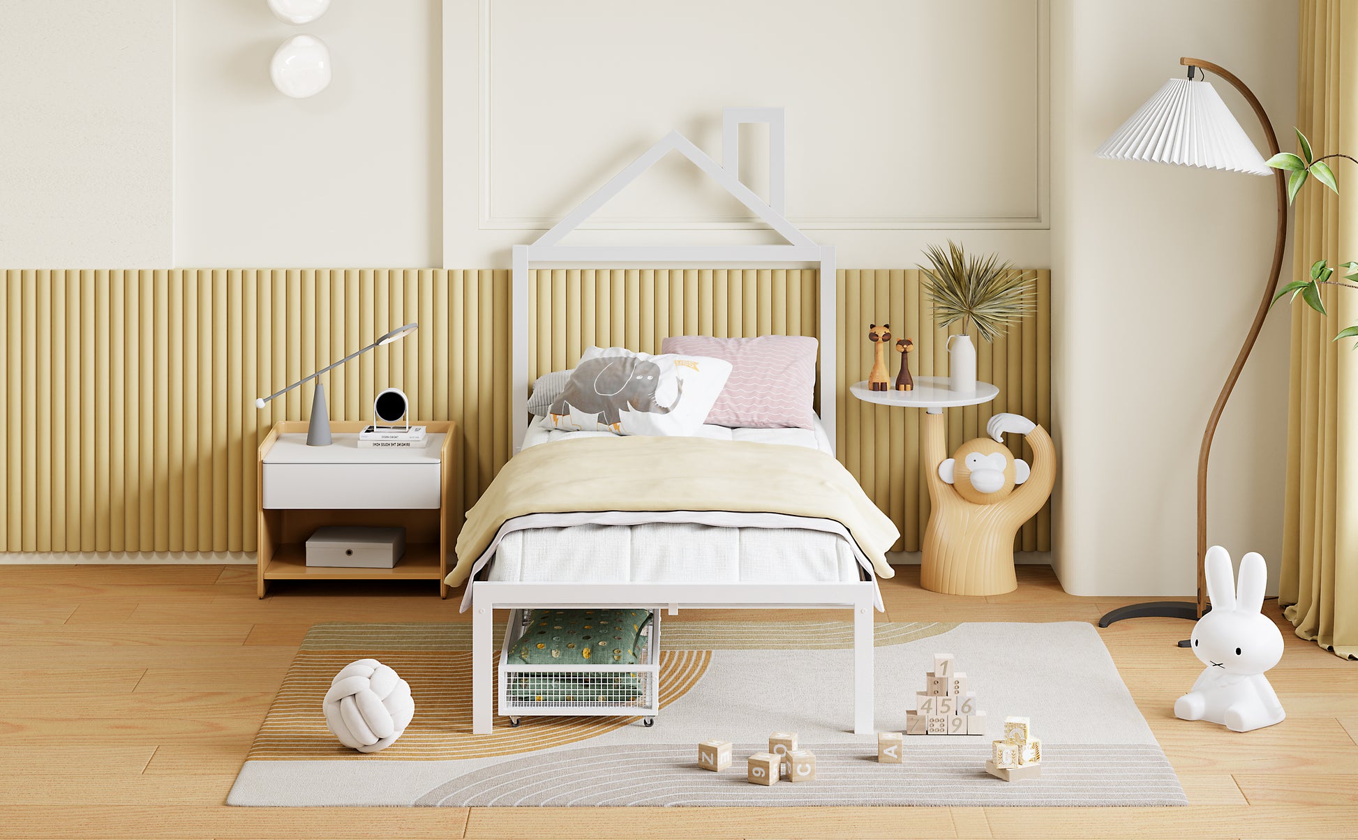 Twin Size Metal Platform Bed With Two Drawers,House Shaped Headboard Design, White Twin White Metal