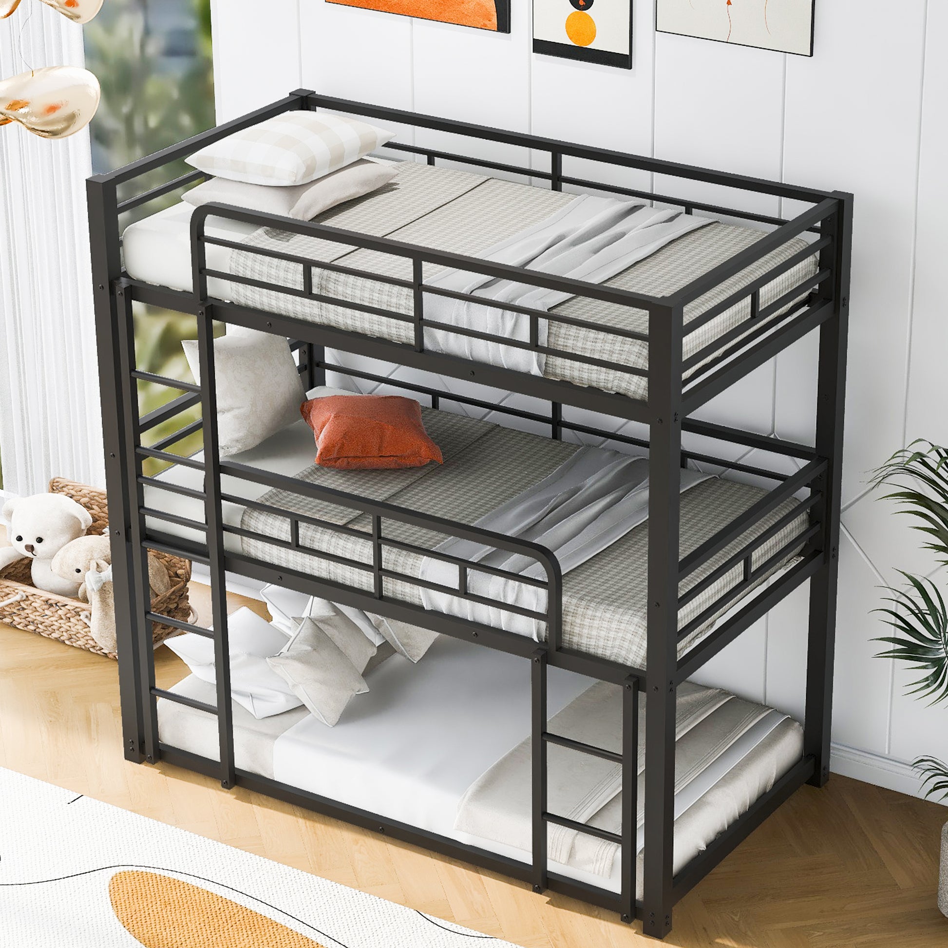 Metal Twin Size Triple Bunk Bed, Black Old Sku: Sm000230Aab 1 Box Spring Not Required Twin Black Metal Bedroom Metal