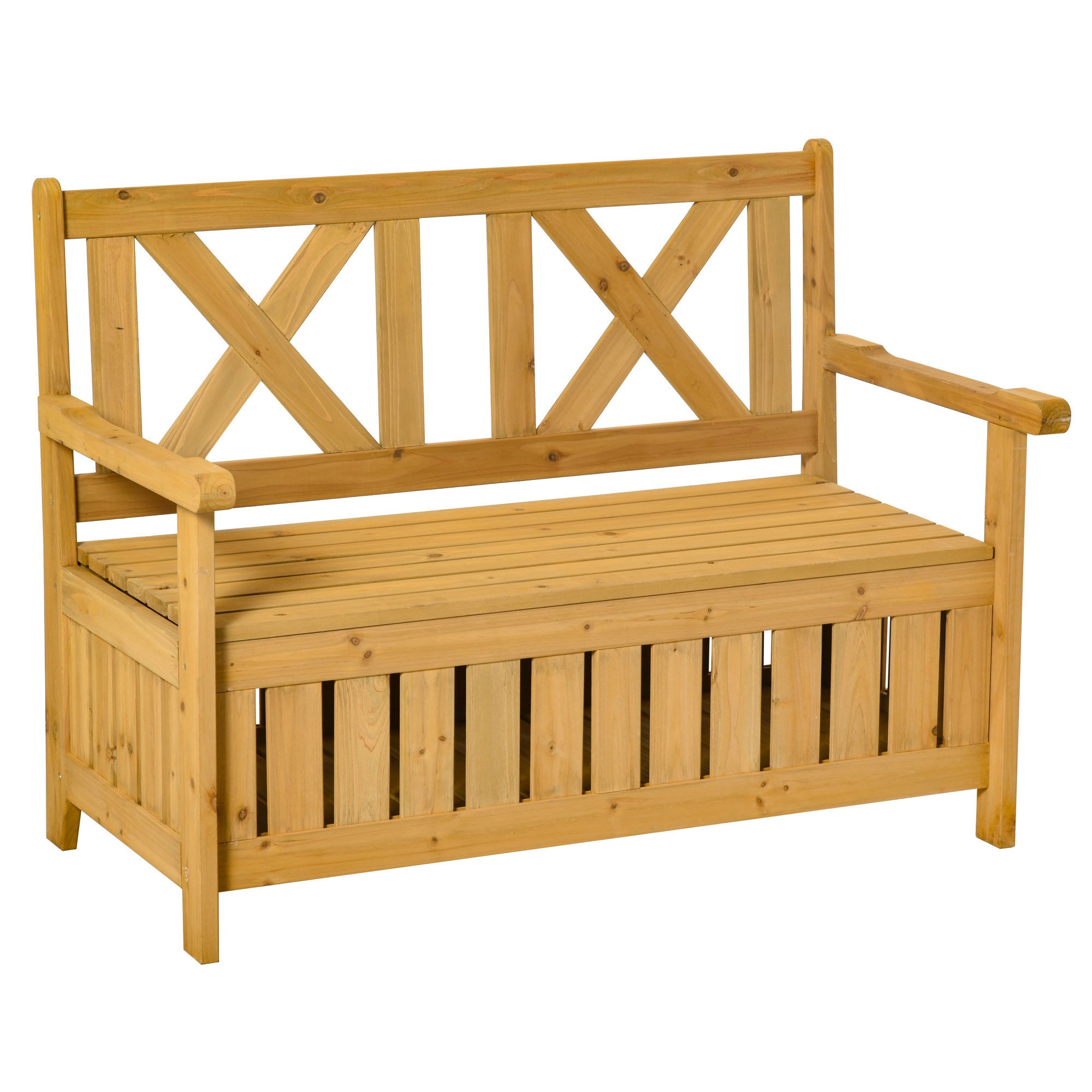 Outsunny Patio Wooden Bench With Storage Box, 29 Gallon Outdoor Storage Bench, Large Entryway Deck Box W Unique X Shape Back, For Deck, Porch & Balcony, Yellow Yellow Wood