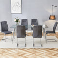 Table And Chair Set.Modern Rectangular Glass Dining Table With A Tempered Glass Tabletop And Silver Metal Legs, Paired With Multiple Chairs Designed With Pu Cushions And Silver Metal Legs. Gray Silver Seats 6 Tempered Glass