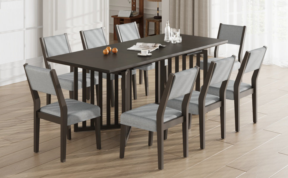 Farmhouse 9 Piece 83.9Inch Extendable Dining Table Set With 2 12 Inch Removable Leaves And 8 Upholstered Dining Chairs, Espresso Wood Dining Room Solid Wood Rubberwood Rectangular Dining Table With Chair Upholstered Chair Wood Espresso Seats 8 Removable