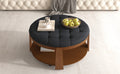 Modern Large Round Ottoman Coffee Table 2 Tier Oversized Button Tufted Ottoman With Wood Shelf Storage Upholstered Coffee Table For Living Room Footrest Ottoman With Wheel, Waterproof Linen Black Brown Rubber Wood