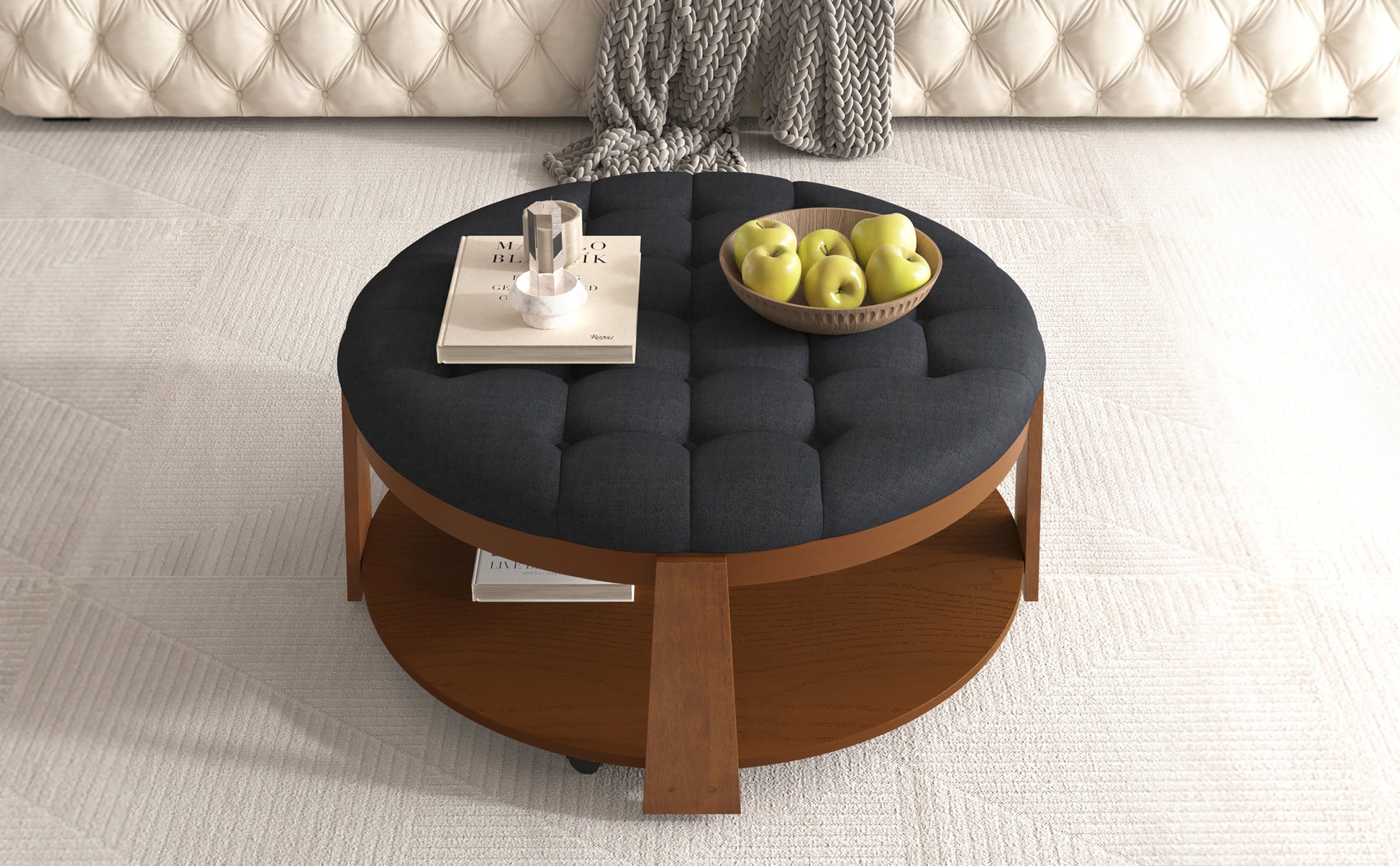 Modern Large Round Ottoman Coffee Table 2 Tier Oversized Button Tufted Ottoman With Wood Shelf Storage Upholstered Coffee Table For Living Room Footrest Ottoman With Wheel, Waterproof Linen Black Brown Rubber Wood