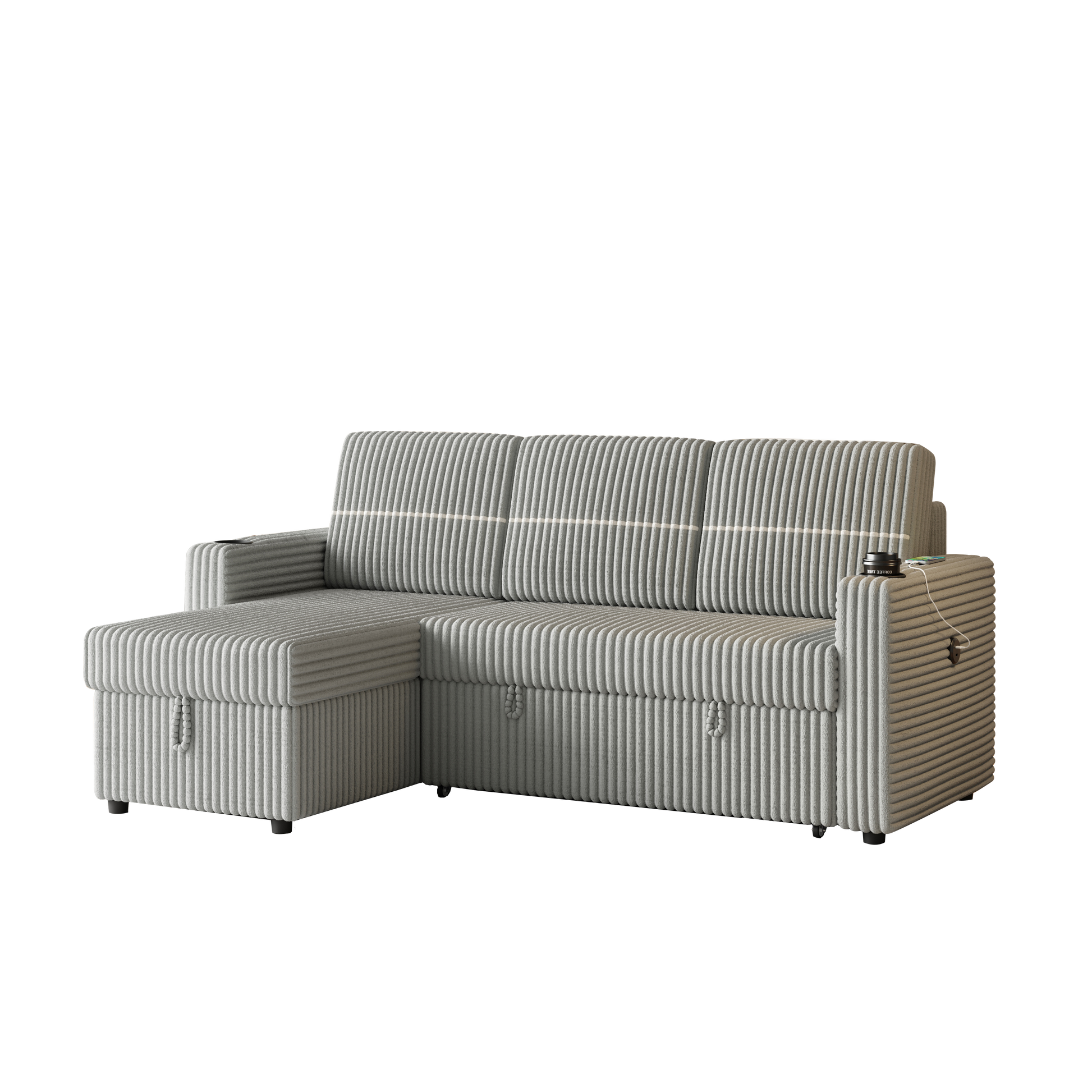 85 Inches Corduroy Sofa Bed, 3 Seater Sleeper Sofa With Storage Chaise, Square Handrail With Two Cup Holder And Usb Charge Port, Pull Out Couch For Living Room Light Grey Corduroy 3 Seat