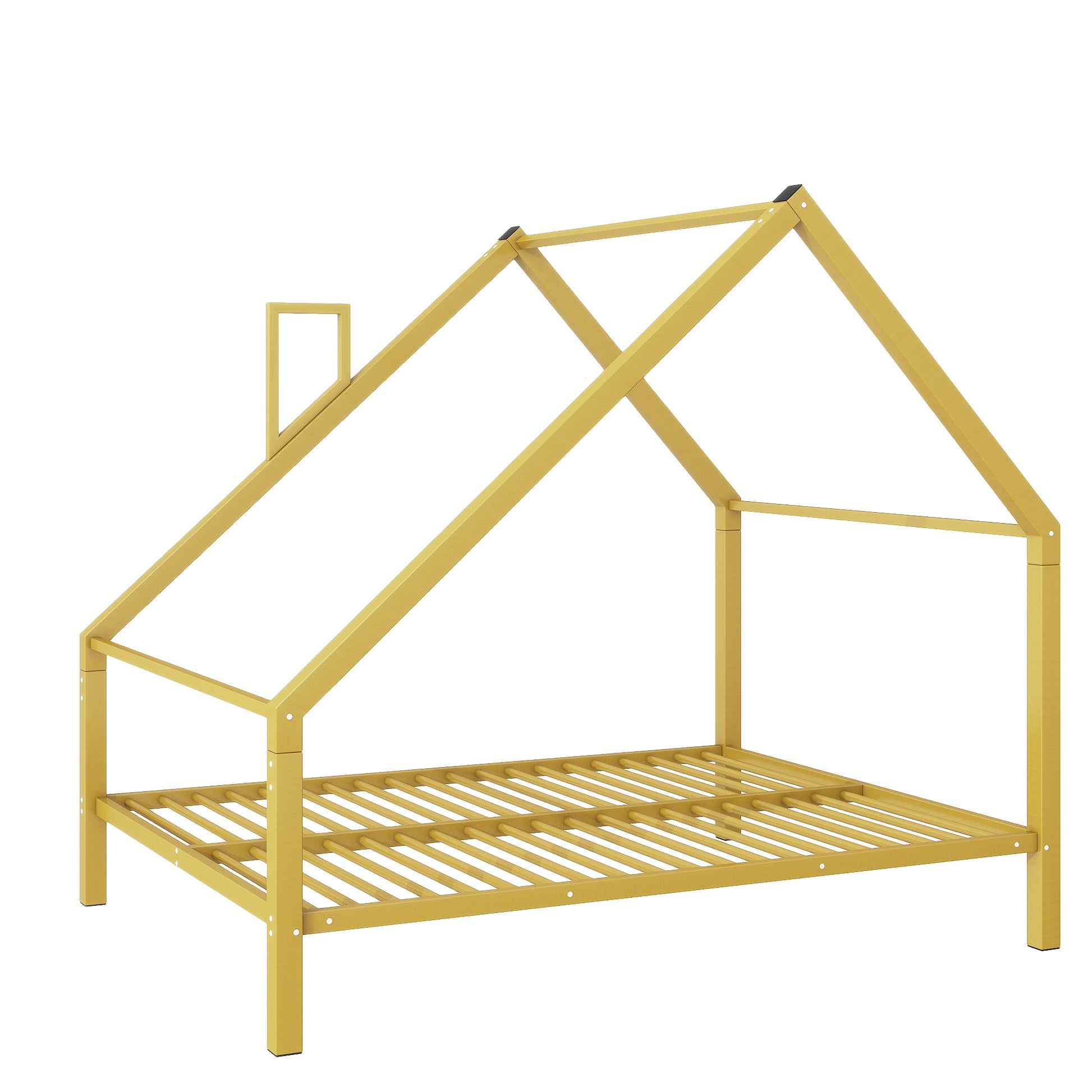 Full Size Metal House Platform Bed With Roof And Chimney, Gold Box Spring Not Required Full Gold Metal Bedroom Bed Frame Metal