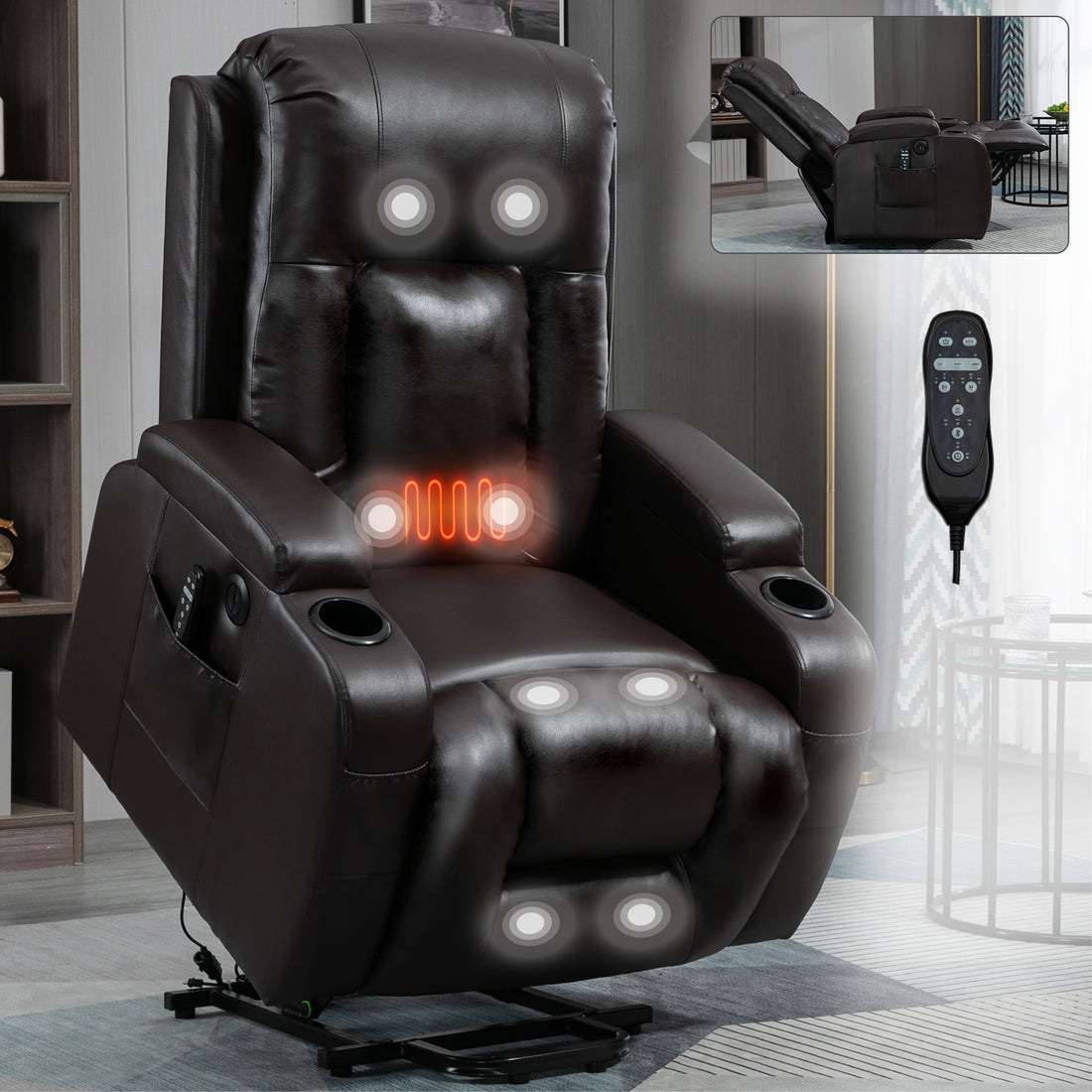 Infinite Position Up To 350 Lbs Power Lift Recliner Chair For Elderly, Heavy Duty Motion Mechanism With 8 Point Vibration Massage And Lumbar Heating, Usb Charging Port, Cup Holders, Brown White Metal Primary Living Space Heavy Duty Pine Brown Faux