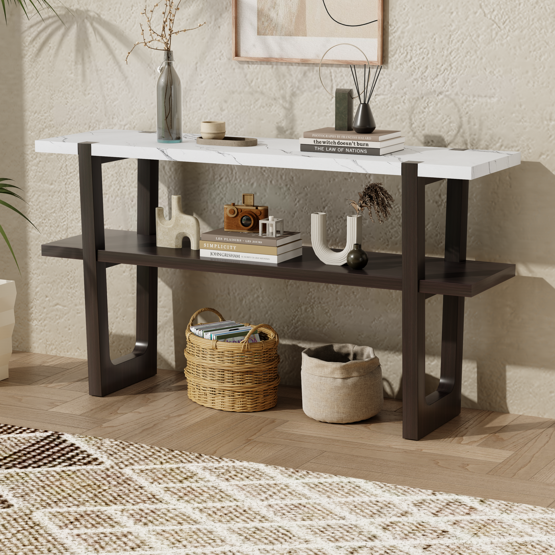 Retro Elegant Console Table With Marble Effect Top And Versatile Storage Solutions For Entryway And Living Room Espresso Espresso Solid Wood Mdf