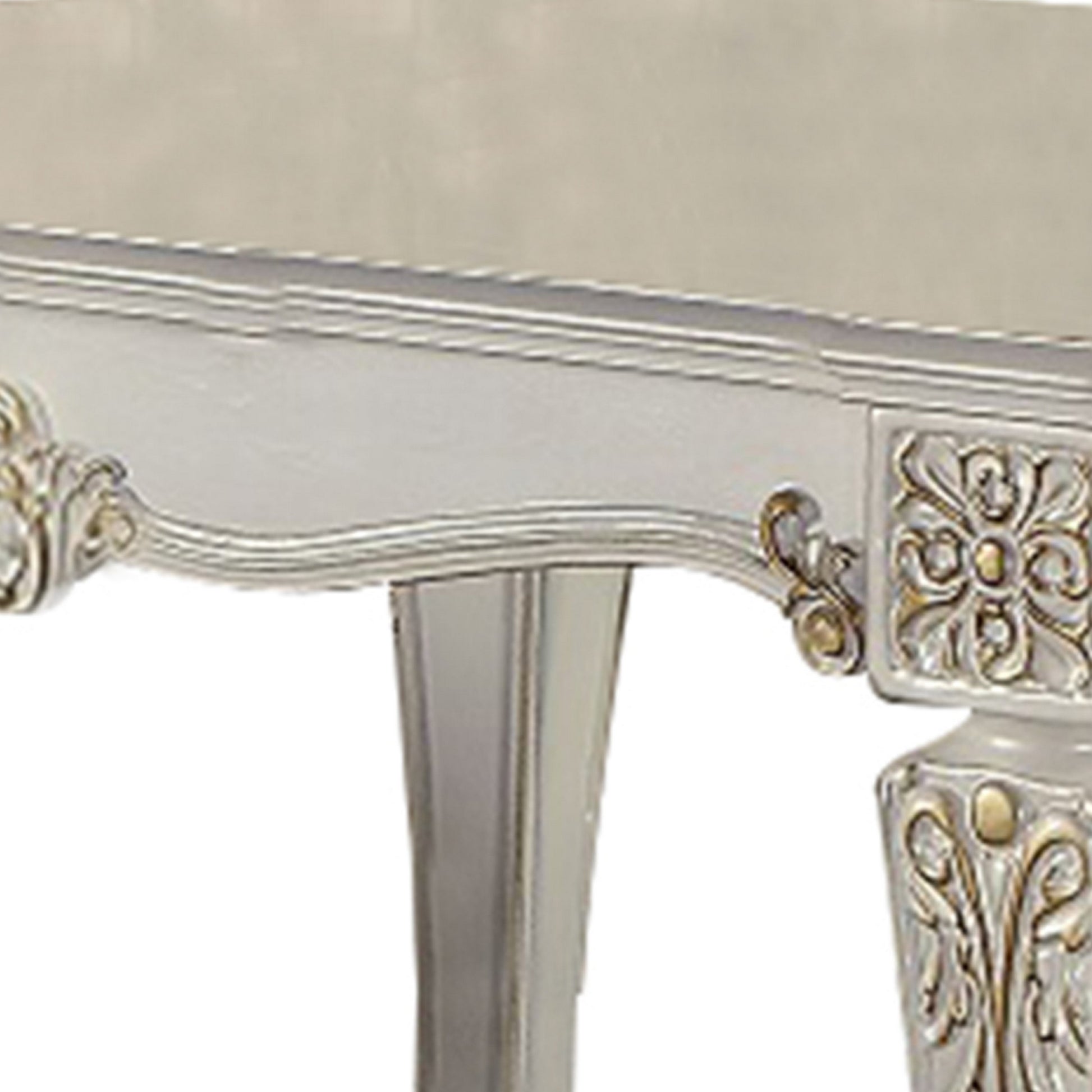 Jess 54 Inch Counter Table, 4 Seater, Classic White, Ornate Scroll Carvings White Gold Wood