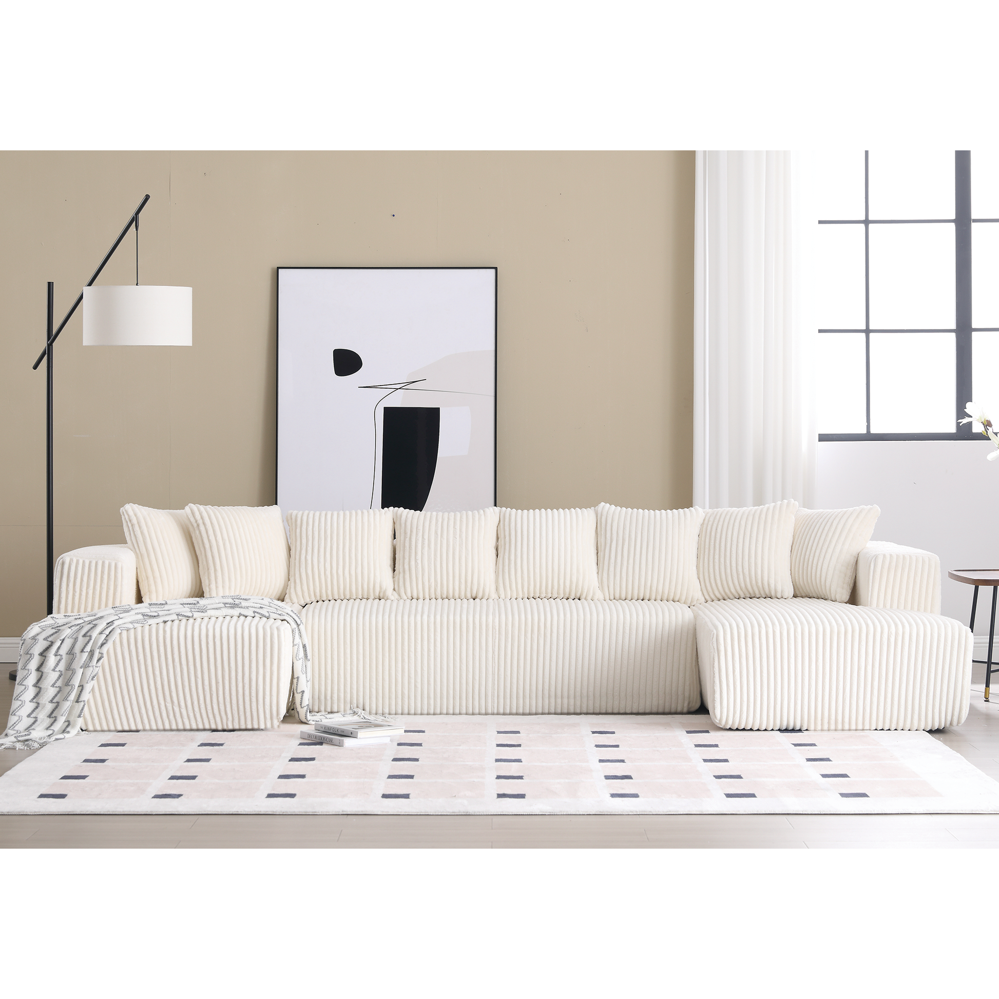 Arrived 131'' Modular Sectional Couch, U Shaped Sofachaise Lounge, Striped Fabric,Upholstered 4 Seater Couch For Living Room, Bedroom, Free Combination Sofa Corduroy ,White White Polyester Primary Living Space Soft Modern Square Arms Foam Upholstered 4