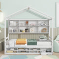 Twin House Bed With Roof Frame, Bedside Shelves, Under Bed Storage Unit,White Twin White American Design Pine