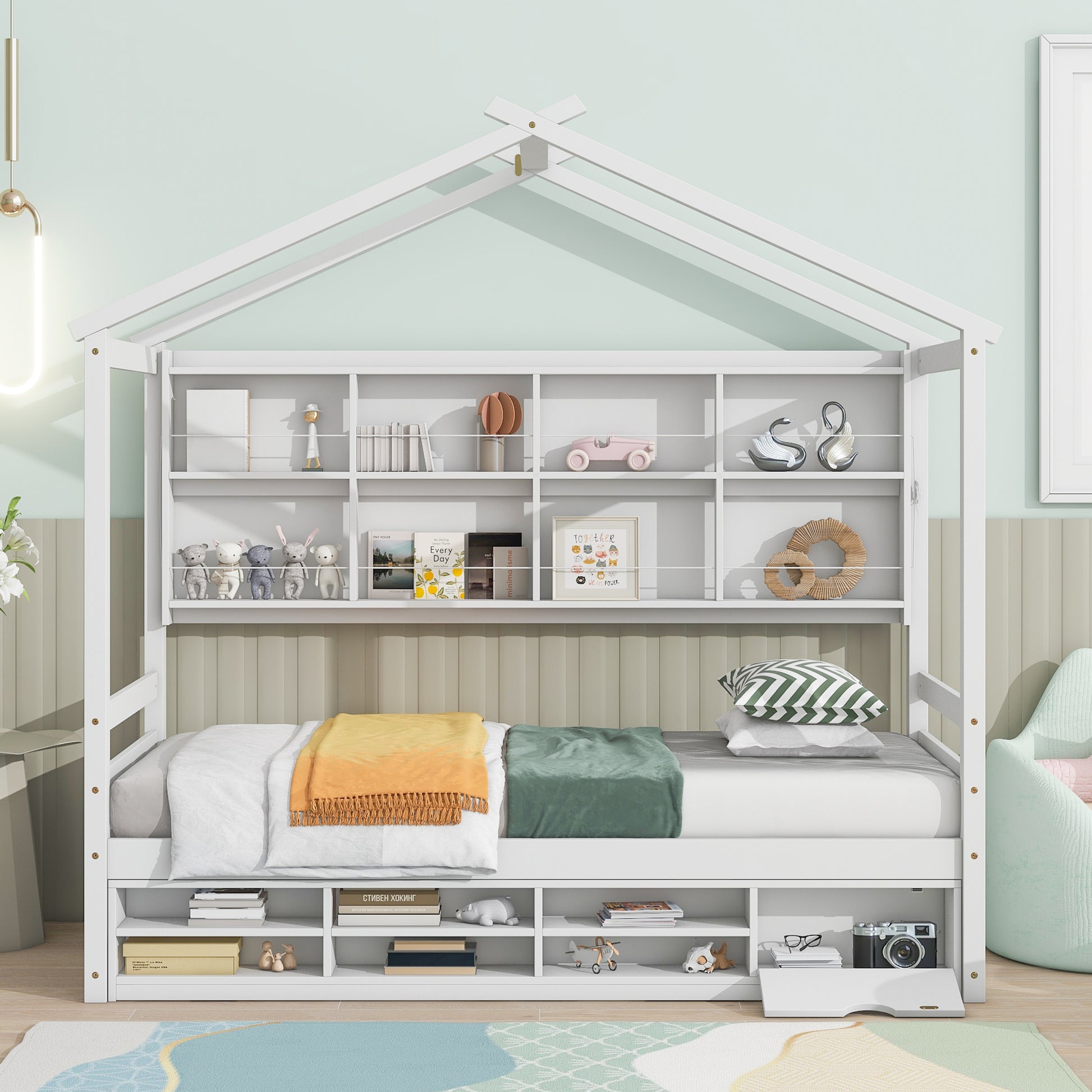 Twin House Bed With Roof Frame, Bedside Shelves, Under Bed Storage Unit,White Twin White American Design Pine