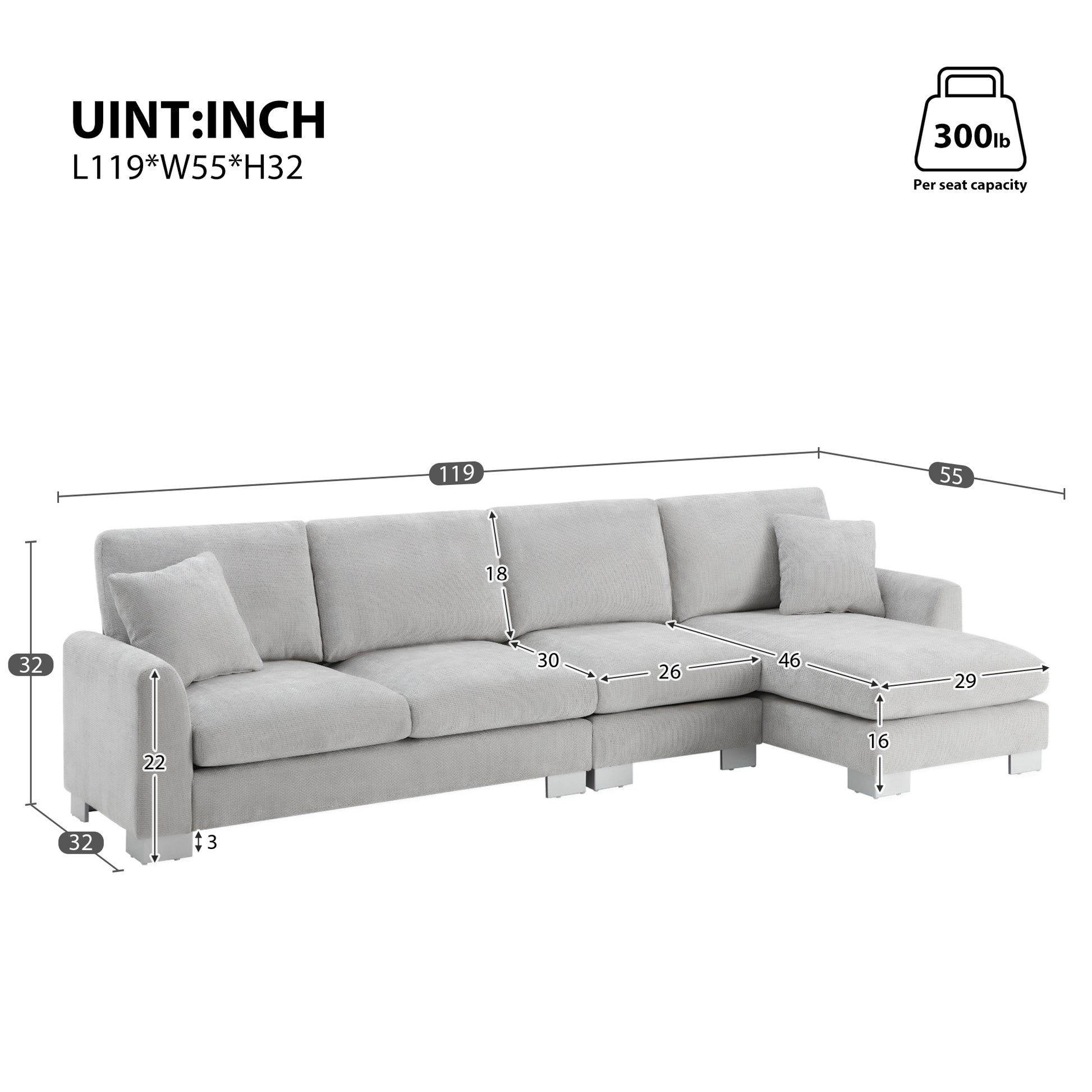 119*55" Modern Oversized Sectional Sofa,L Shaped Luxury Couch Set With 2 Free Pillows,5 Seat Chenille Indoor Furniture With Chaise For Living Room,Apartment,Office,2 Colors Light Gray Chenille 5 Seat