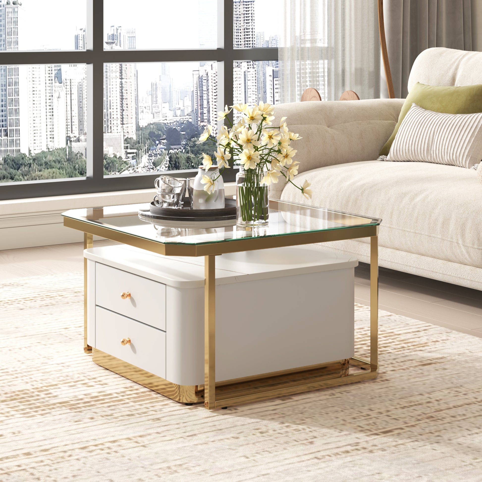 Modern 2 Pieces White Square Nesting Coffee Table With Drawers & Electroplated Gold Legs In 27.6'' Golden White Square Drawers Coffee & End Tables Glossy Square Mdf Glass Mdf Pedestal