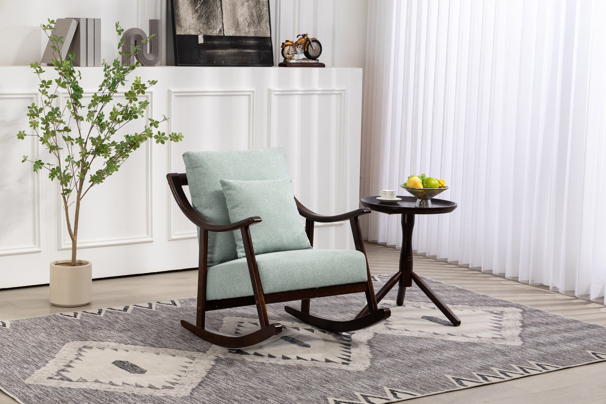 Woven Fabric Mid Century Modern Accent Chairs Comfy Upholstered Glider Arm Chair With Solid Wood For Living Room Bedroom Balcony Light Green Linen