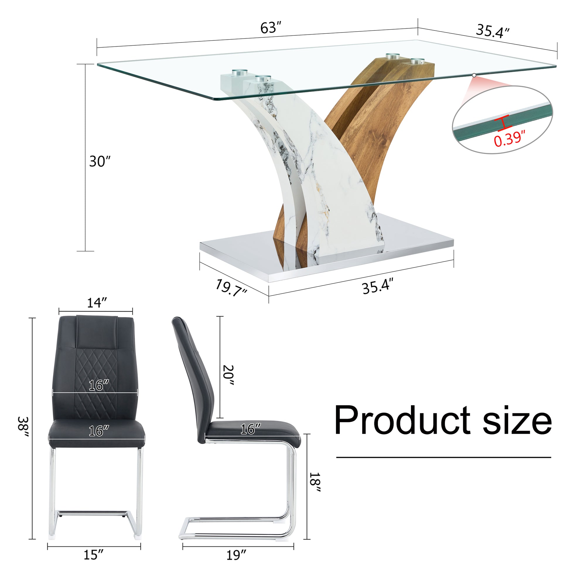 Table And Chair Set.Modern Dining Table, Tempered Glass Countertop With Artistic Mdf Legs.Paried With 4 Comfortable Chairs With Pu Seats And Metal Legs. Suitable For Various Decoration Styles. Black,Transparent Seats 4 Mdf Glass