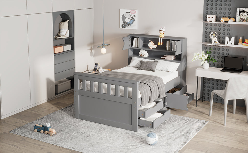 Twin Size Captain Platform Bed Frame With Storage Bookcases And Shelves,Four Drawers, Gray Twin Gray Solid Wood Mdf