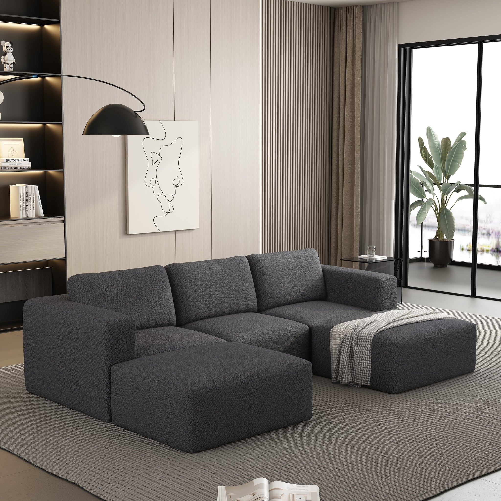 104.32*66.92 Modular Sectional Sofa Sleeper Couch, Sectional Sofa With Chaise And Ottoman, Convertible U Shaped Modular Sofa Set. Compressed Sponge, Dark Grey. Combo A 2B 2D Dark Grey Primary Living Space Soft Minimalist,Modern Foam Spring 5 Seat