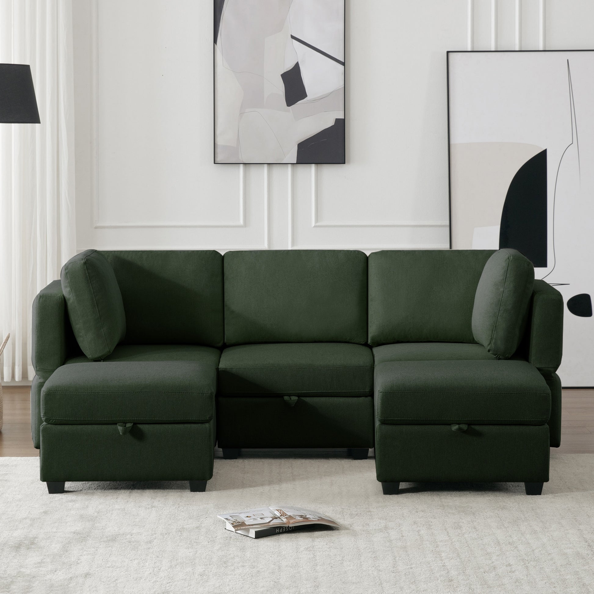 Reversible Sectional Sofa Modern Modular Sectional Couch With Chaise U Shaped Corner Sectional 5 Seater Modular Sofa With Storage Seats, Adjustable Arms And Backs Green Green Polyester 3 Seat