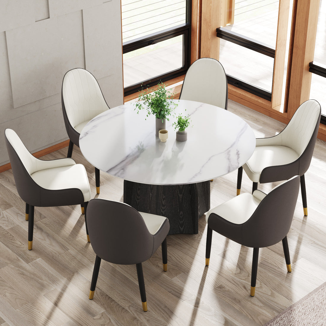 53" Round Marble Dining Table With Black Textured Solid Wood Base, Artificial Marble For 6 People, Dining Room Living Room Kitchen Dining Table,White Dining Table Only Black,White Dining Room Modern