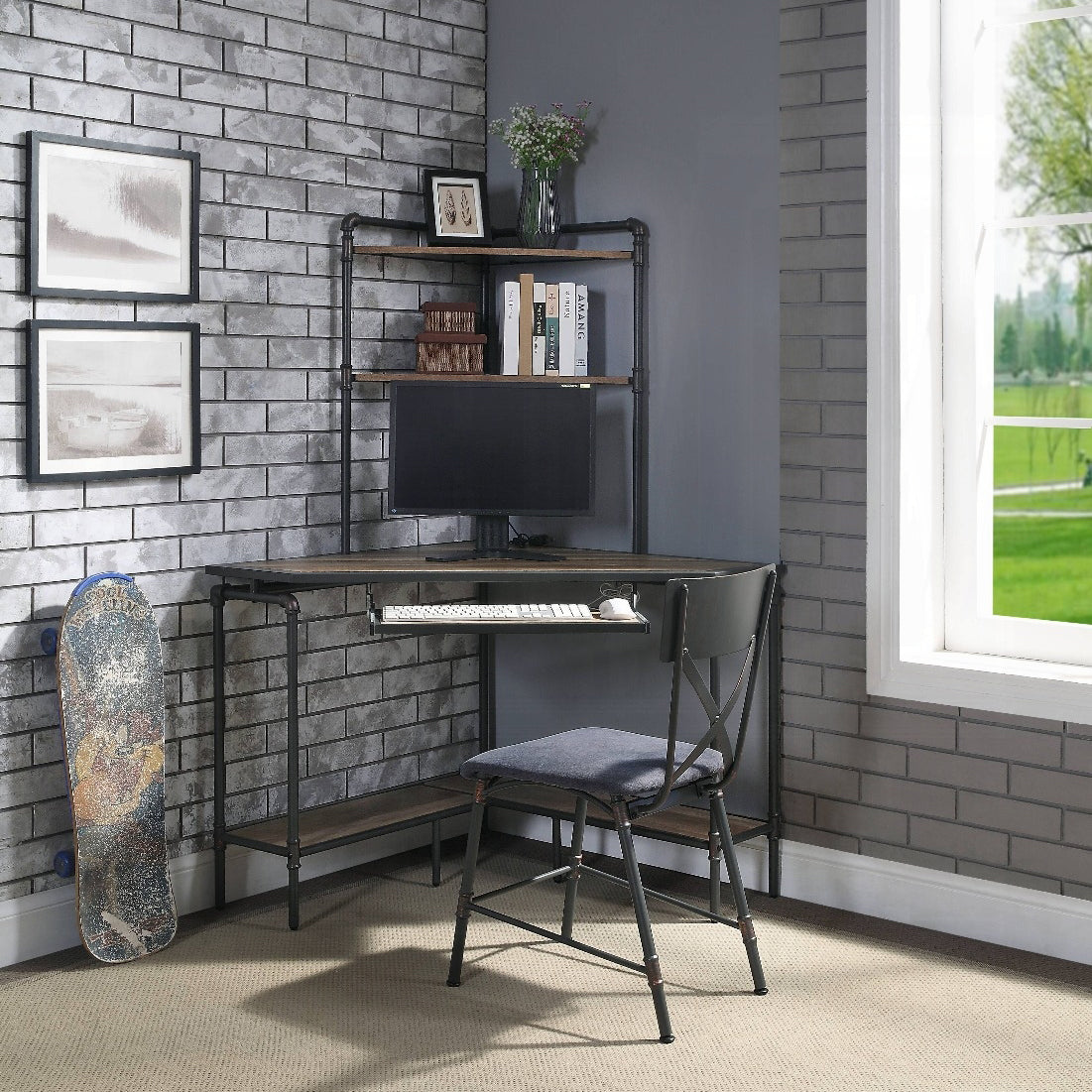 Antique Oak And Sandy Grey Office Chair With Metal Leg Grey Black Primary Living Space Wood Fabric