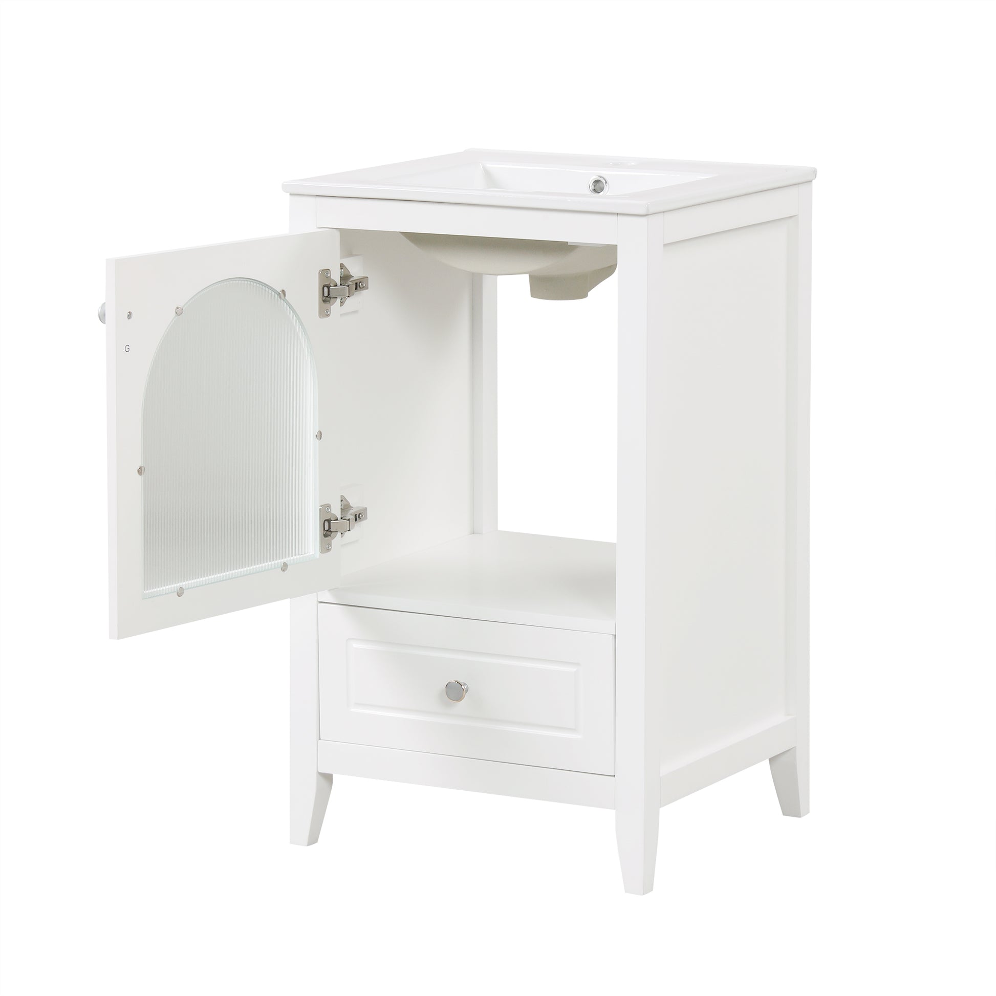 20" Bathroom Vanity With Sink, Bathroom Cabinet With Soft Closing Glass Door, A Drawer, White White Mdf