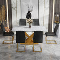 Table And Chair Set, The Table Is Equipped With A Marble Patterned Mdf Tabletop And Gold Table Legs.Dining Chairs,Gold Legged Upholstered Chairs Made Of Artificial Leather. Black Gold Seats 6 Mdf