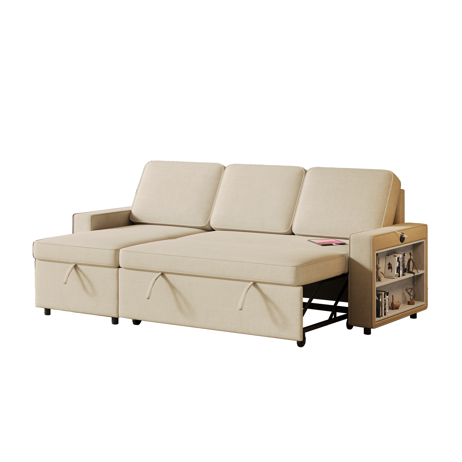 85.8" Pull Out Sleeper Sofa L Shaped Couch Convertible Sofa Bed With Storage Chaise And Storage Racks,With Usb Port And T Pyce Port Beige Fabric 3 Seat