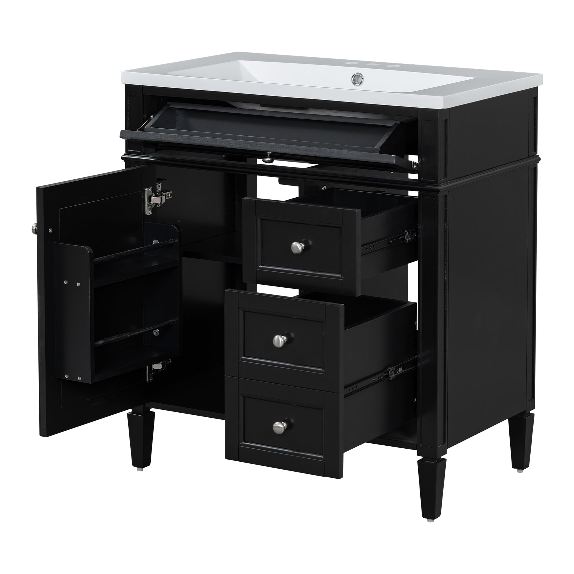 30'' Bathroom Vanity With Top Sink, Modern Bathroom Storage Cabinet With 2 Drawers And A Tip Out Drawer, Single Sink Bathroom Vanity Black Bathroom Solid Wood Mdf