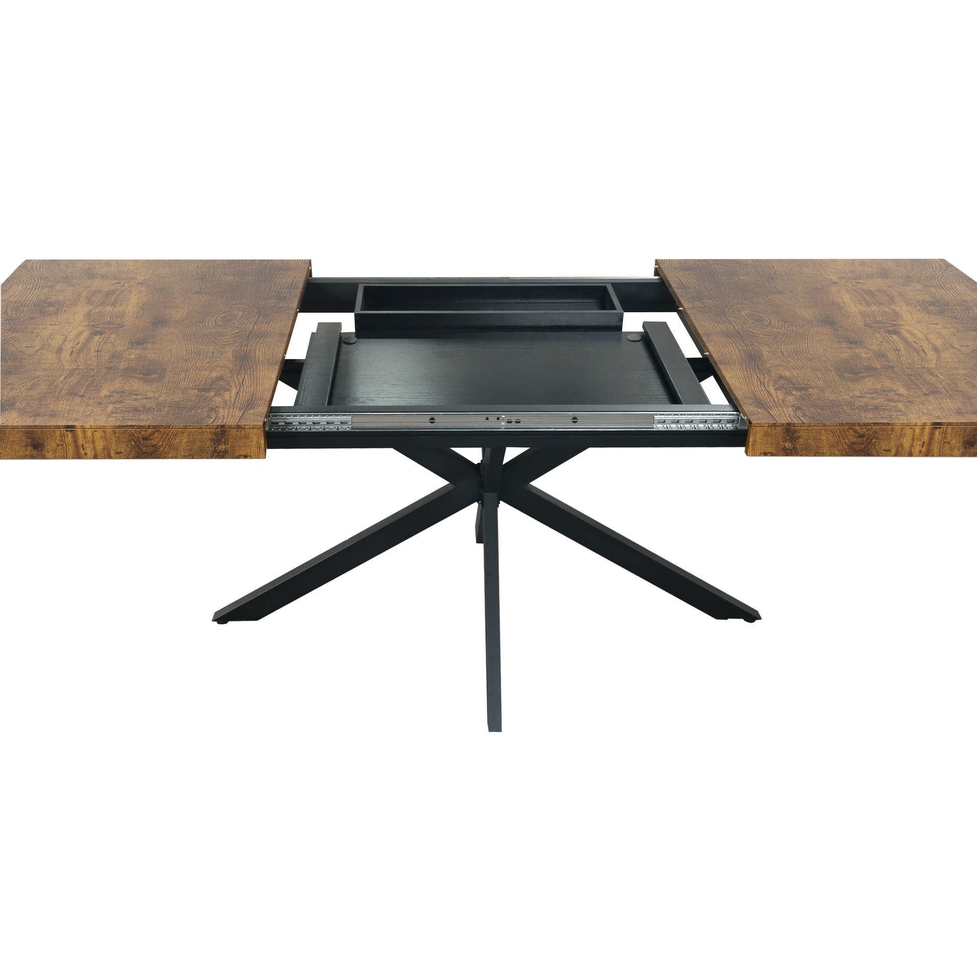 55.11" 70.86"Retro Rectangular Stretch Dining Table, Antique Wood Top And Black Relief Plate, Black Fine Sand Cross Iron Foot Base Dining Table, With Storage Box. Black Brown Seats 6 Rectangular Mdf Metal