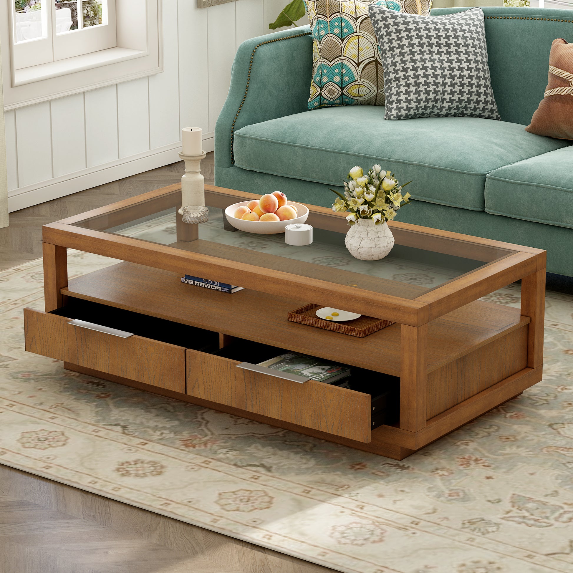 Modern Wood Coffee Table With 2 Drawers ,Minimalist Display Coffee Table With Transparent Tempered Glass, Open Storage Shelf For Living Room Brown Solid Wood Mdf