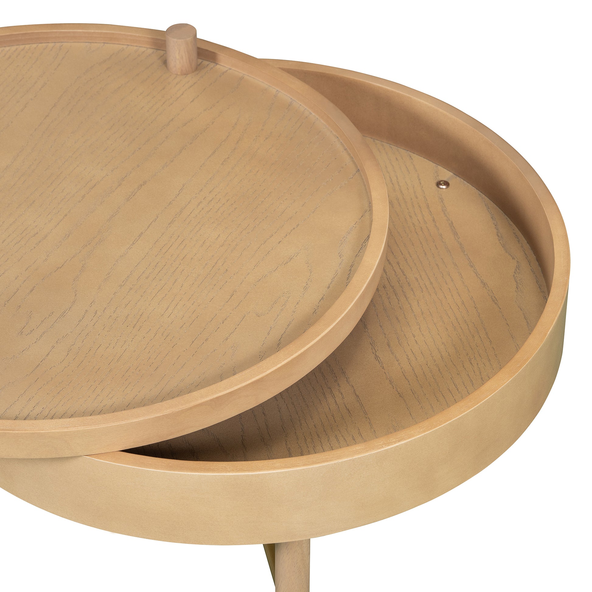 Modern Round Wood Rotating Tray Coffee Table With Storage & Metal Legs In Natural Natural Metal,Rubber Wood
