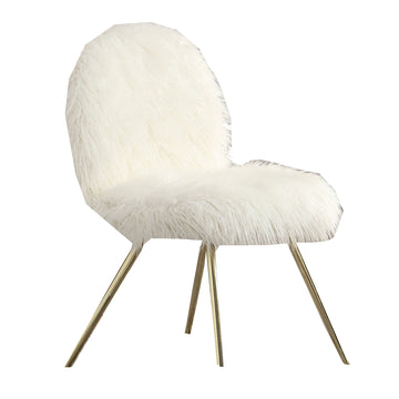 Faux Fur Upholstered Contemporary Metal Accent Chair, White And Gold White Gold Fabric Metal