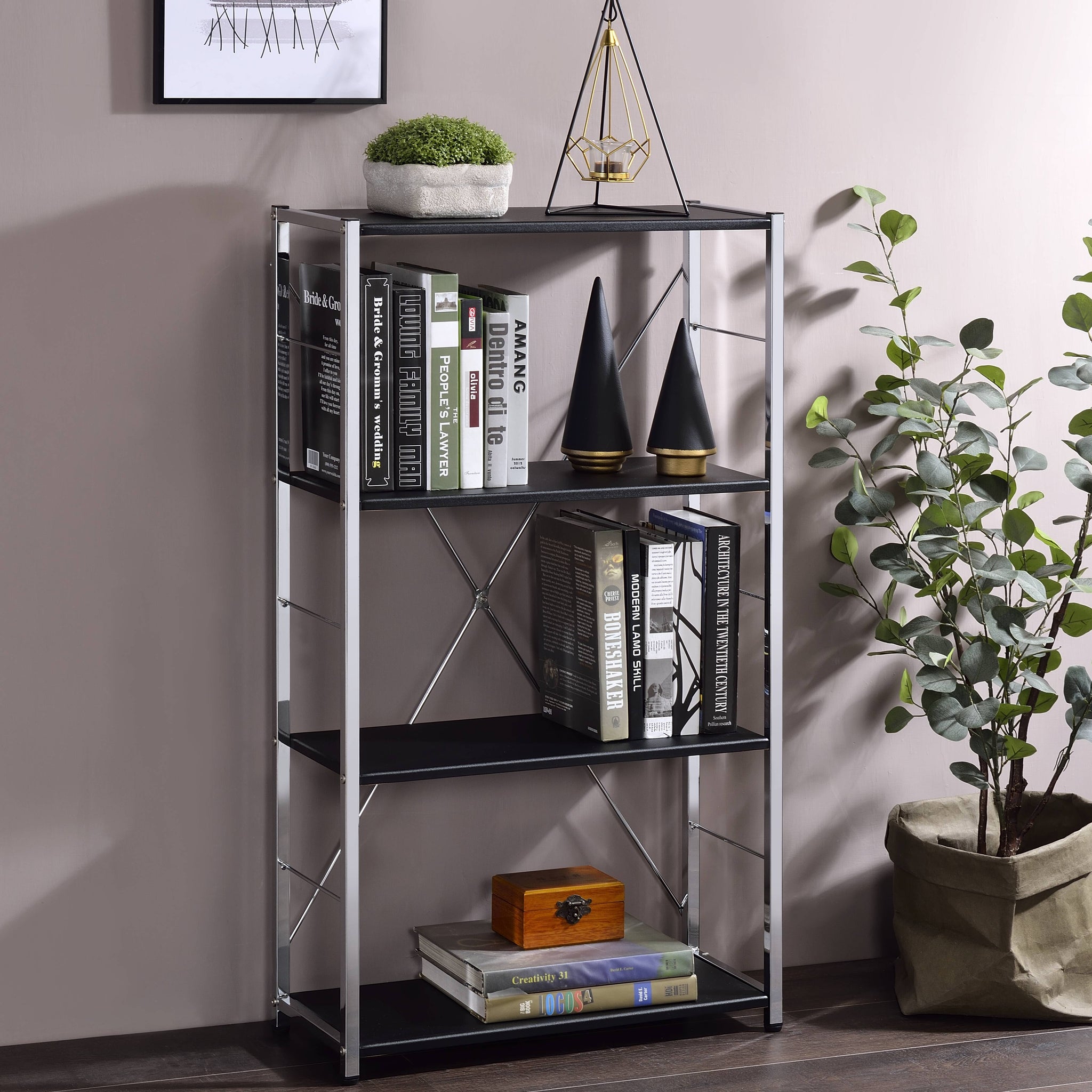 Tennos Black & Chrome Finish Bookshelf Black,Chrome Metal,Synthetic Wood