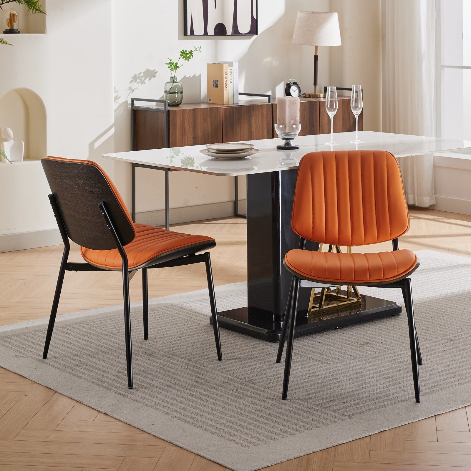 Dining Chairs Set Of 2 Mid Century Modern Retro Faux Leather Chair With Walnut Bentwood Back Upholstered Seat Metal Legs Adjustable Foot For Kitchen Dining Room Chairs Orange Pu Orange Dining Room Classic Set Of 2 Foam Pu Leather