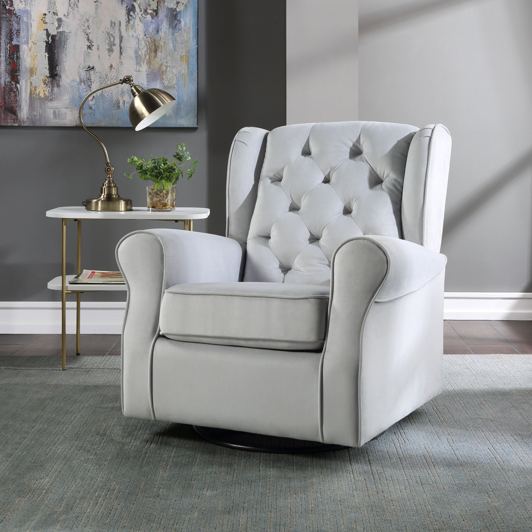 Grey Swivel Chair With Glider Grey Gray Primary Living Space Transitional Pine Wood Fabric