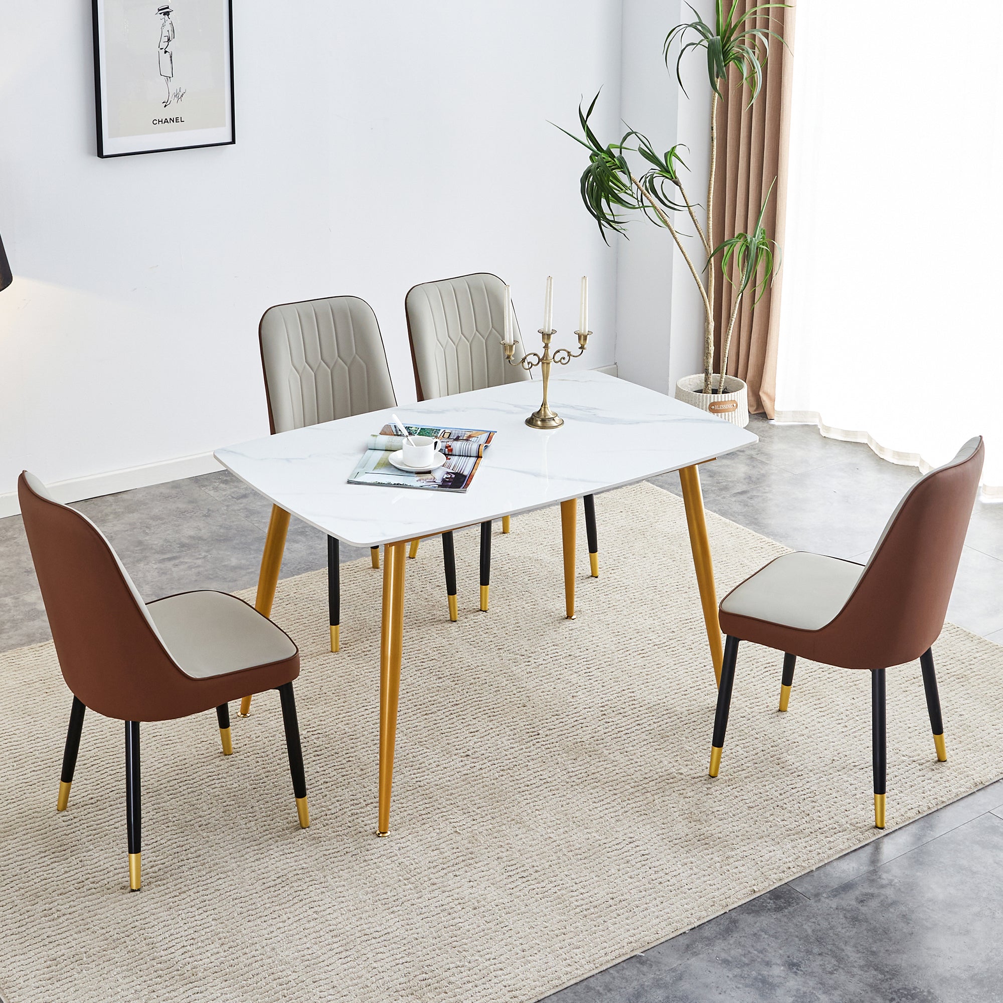 Table And Chair Set.A Morden Table With White Imitation Marble Patterned Stone Burning Tabletop With Golden Metal Legs.Paried With 4 Chairs With Pu Leather Backrest And Black Metal Legs. Grey Brown,White Gold Seats 4 Metal,Sintered Stone