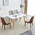 Table And Chair Set.A Morden Table With White Imitation Marble Patterned Stone Burning Tabletop With Golden Metal Legs.Paried With 4 Chairs With Pu Leather Backrest And Black Metal Legs. Grey Brown,White Gold Seats 4 Metal,Sintered Stone