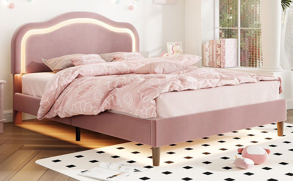 Queen Size Velvet Upholstered Smart Led Bed Frame With Adjustable Height Headboard,No Box Spring Needed,Easy Assembly,Pink Box Spring Not Required Queen Pink Wood Bedroom Cute,Modern Bed Frame Wood