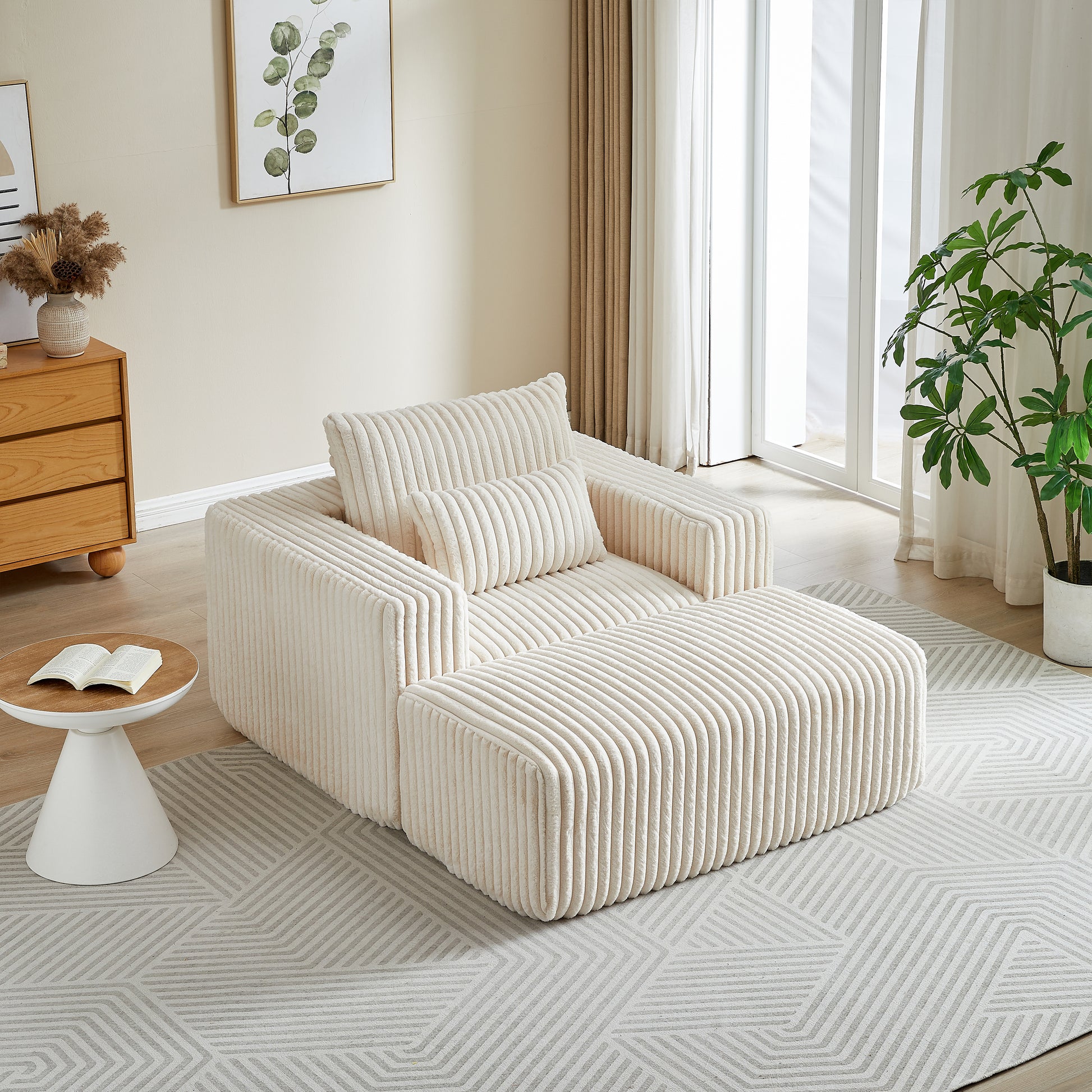 62.5 Inch Corduroy Sponge Sofa Lounge Chair With Removable Footrest,No Assembly Required,Fluffy Modern Sleeper Chair For Indoor Living Room Bedroom Beige Foam Corduroy 1 Seat