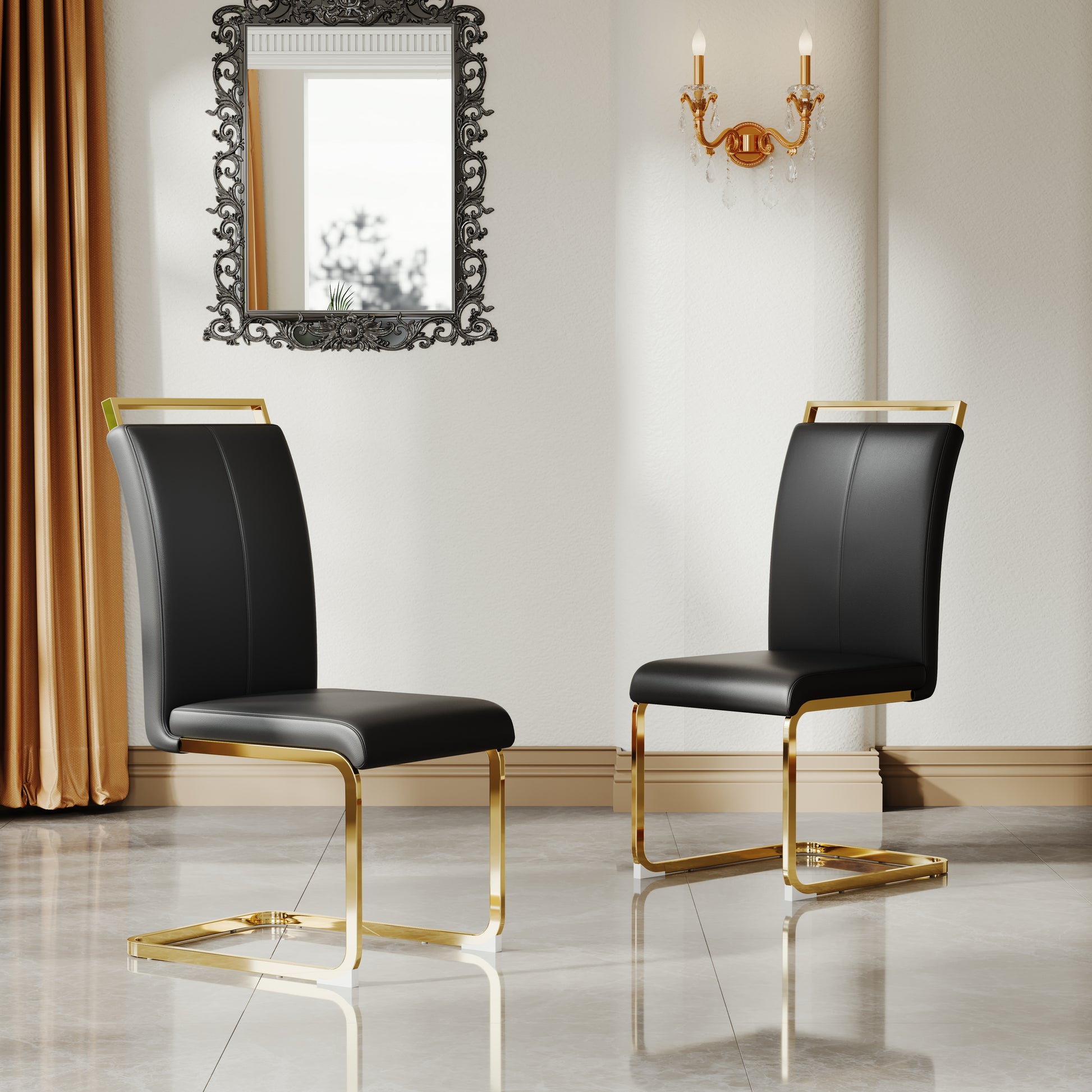 A Set Of 4 Artificial Leather Dining Chairs, Featuring An Arched Chair Design And Paired With Stainless Steel Legs. Black Gold Pu Leather